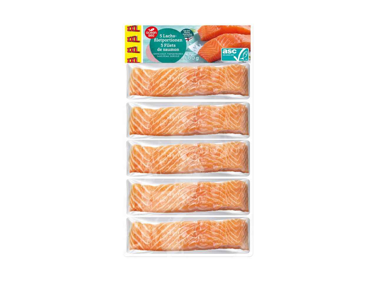 Packung mit sechs tiefgekühlten Lachsfilets.