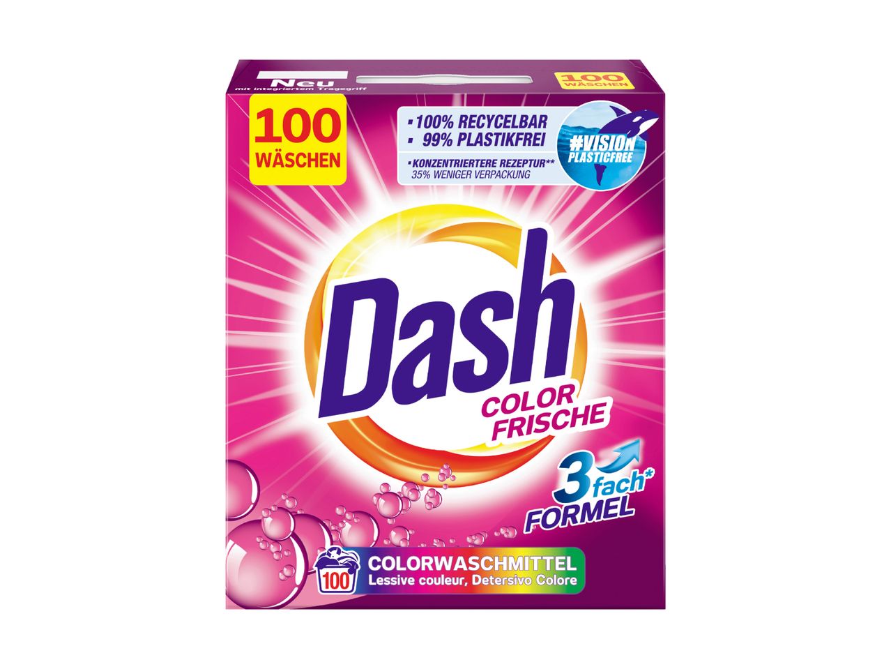 Dash Color Frische Colorwaschmittel: 100 Wäschen, 99% plastikfrei, recycelbar.