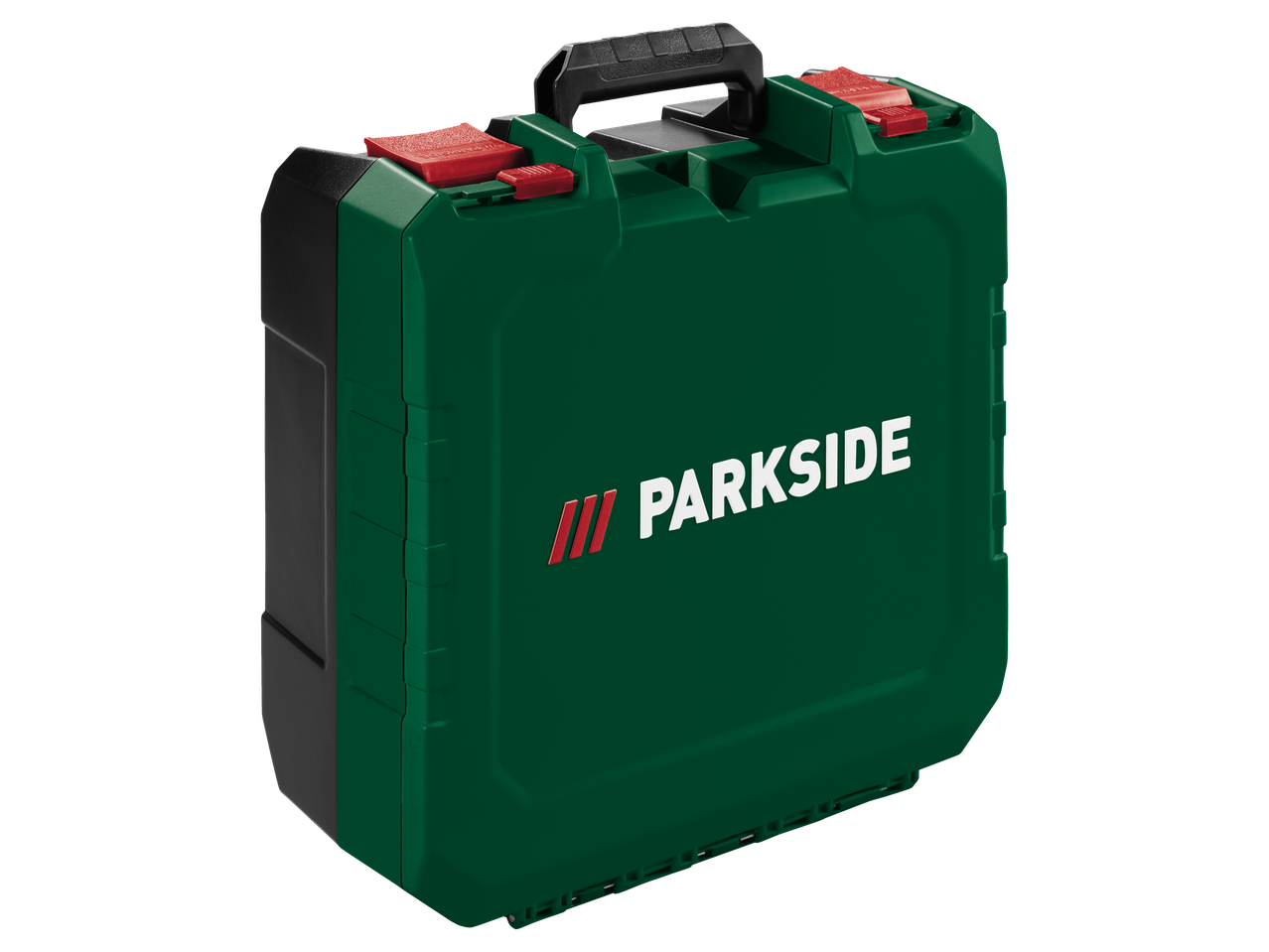 Parkside zaļa instrumentu kaste ar melniem rokturiem un sarkaniem aizdariem.