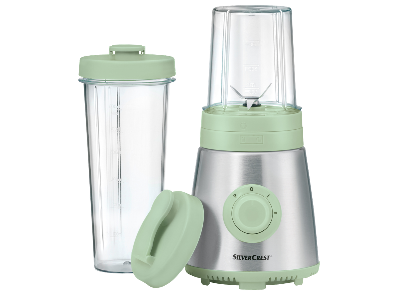Пасатор SilverCrest с две чаши и капак в ментово зелено и сребристо.