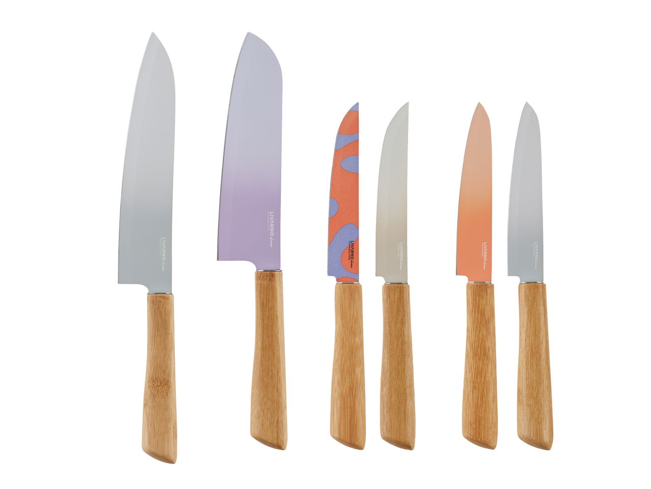 Sechs LIVARNO home Küchenmesser mit Holzgriffen und bunten Klingen