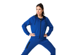 Woman in blue Crivit tracksuit, including a hoodie and pants.