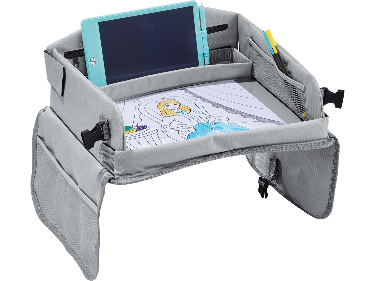 Tavolo da viaggio e da gioco portatile con tablet e spazio per disegnare.
