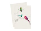 Greeting card with three geometric birds on branches, one green, one blue, one red.