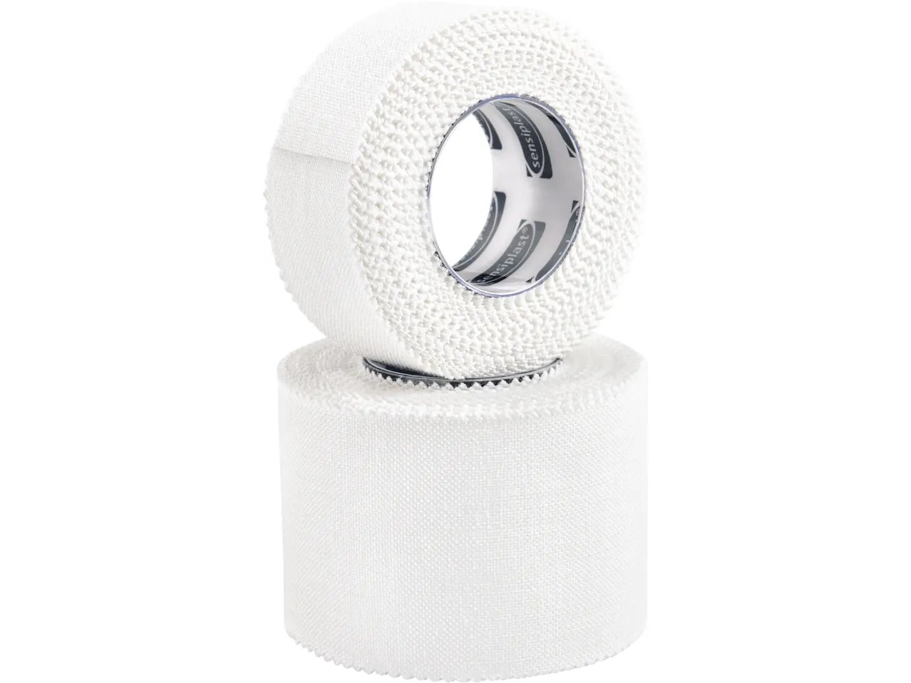 Two rolls of white Sensiplast athletic tape, one stacked on top of the other.