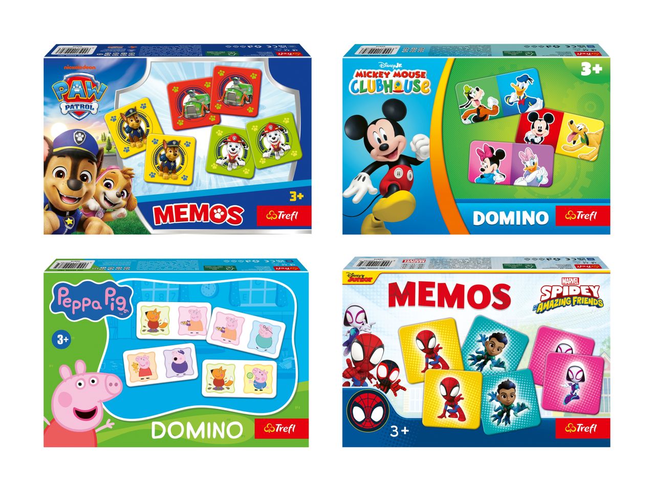 Fire børnespil: to memory-spil med Paw Patrol og Spidey og Amazing Friends, og to dominospil med Mickey Mouse og Gurli Gris.