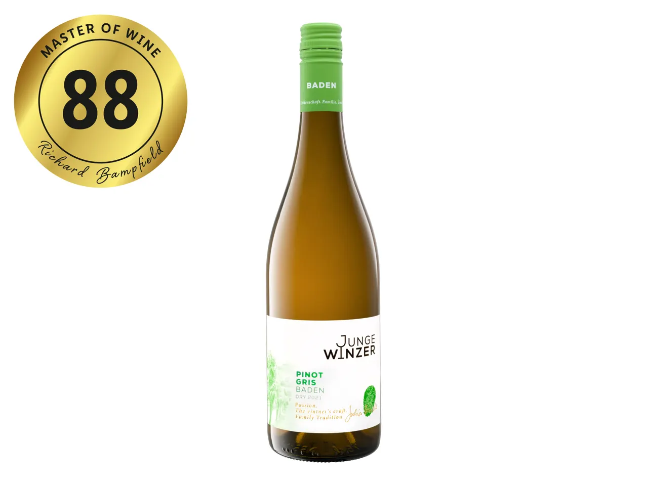 A bottle of Junge Winzer Pinot Gris Baden wine with an 88 rating from Master of Wine Richard Bampfield.
