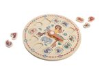 Wooden clock puzzle with animal illustrations and numbered pieces.