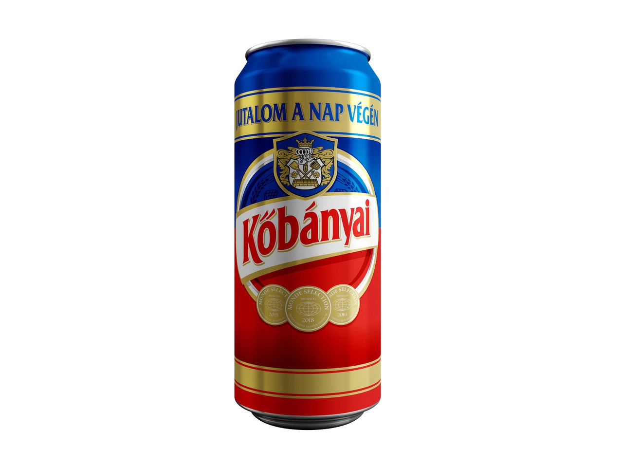 Kőbányai sörösdoboz „Jutaloma nap végén” felirattal és Monde Selection díjakkal.
