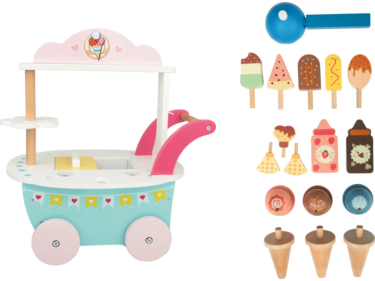 Drvena kolica za sladoled s dodacima poput sladoleda na štapiću, vafla, umaka i korneti.