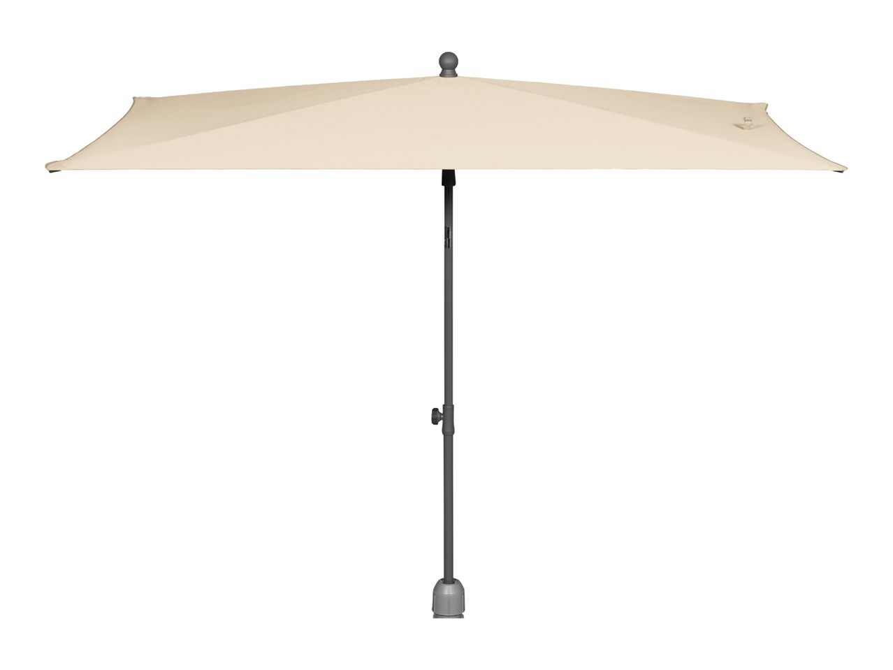 Cream rectangular patio umbrella with a dark grey pole and base.