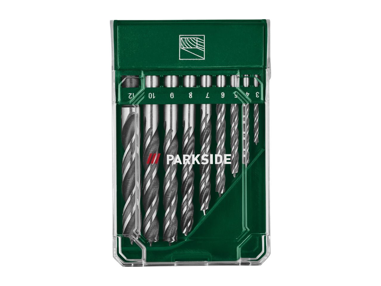 A set of drill bits in a green and clear plastic case, with sizes 3 to 12 visible.