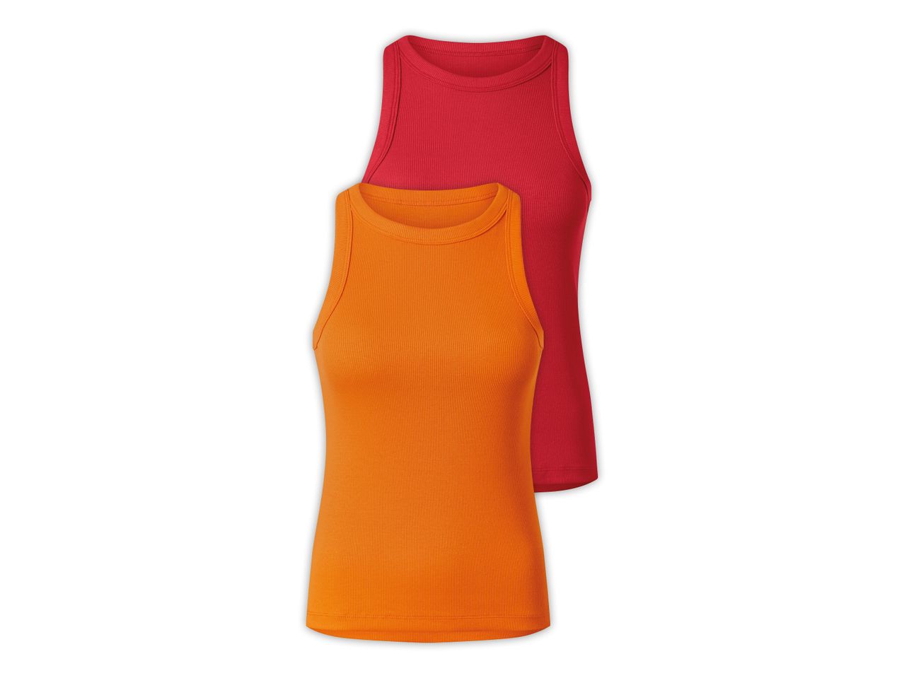 Two Ladies' Vest Tops in orange and red are stacked on top of each other.