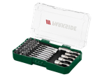 Open green and clear plastic case with a variety of silver screwdriver bits and nut setters.