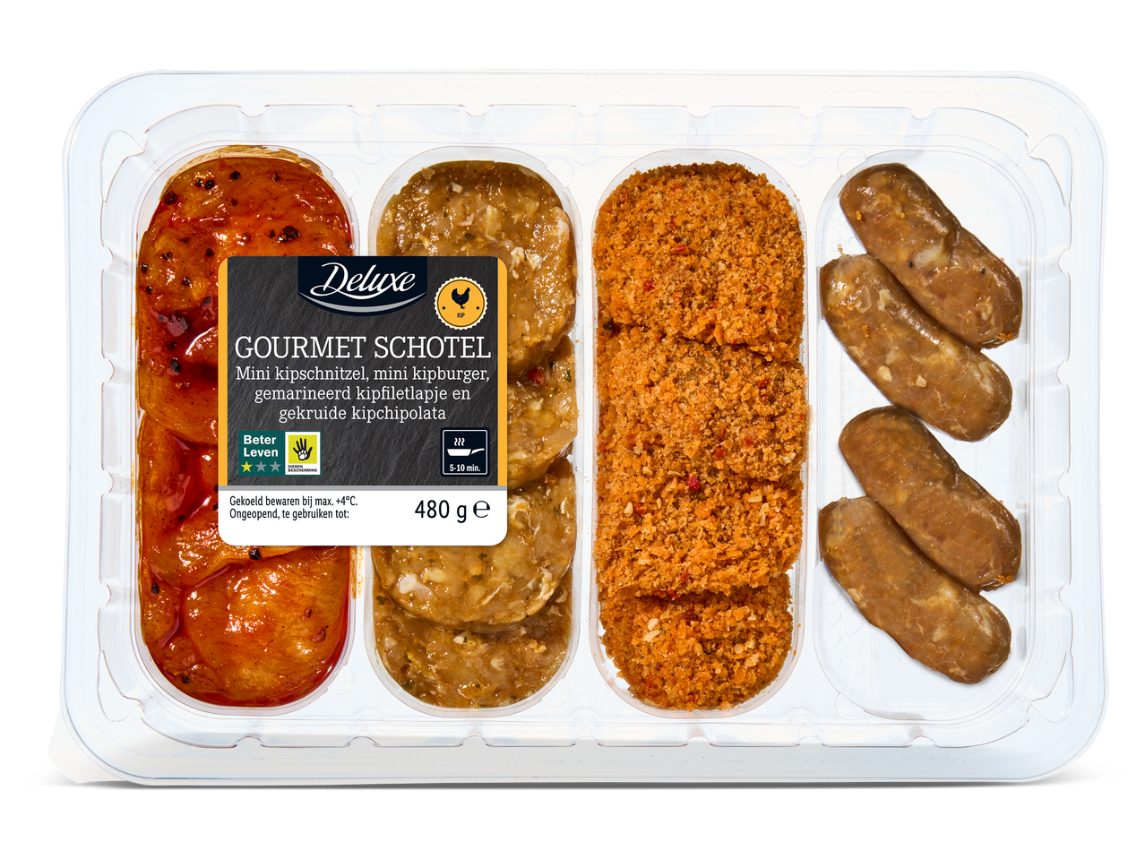 Gourmet schotel met mini kipschnitzel, mini kipburger, gemarineerde kipfiletlapjes en gekruide kipchipolata, 480g.