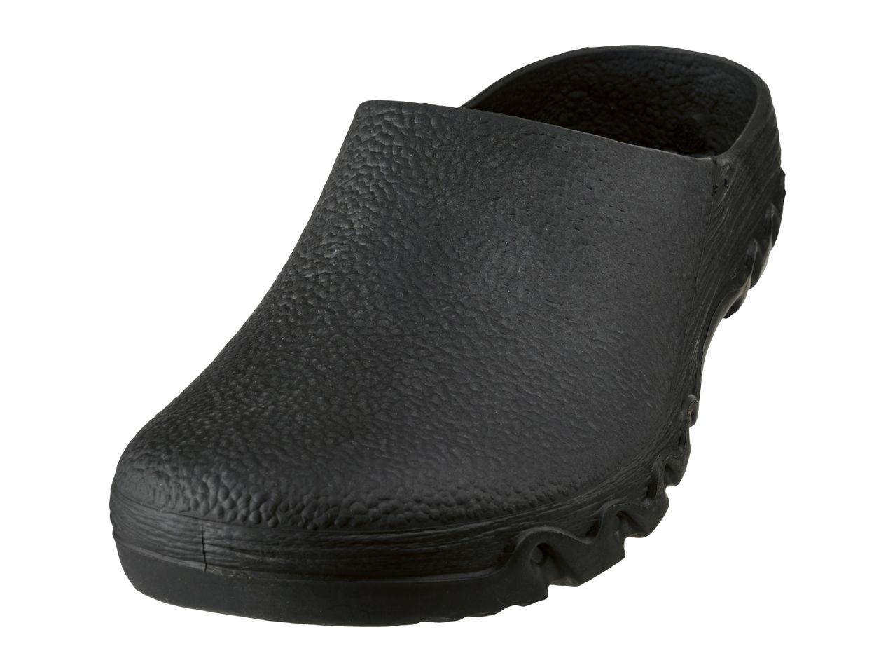 Black slip-on clog with a textured upper and a sturdy sole.