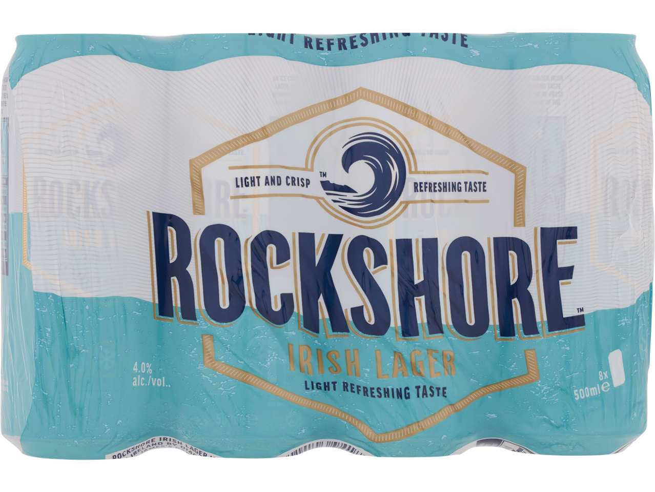 Eight 500ml cans of Rockshore Irish Lager, a light and crisp beer.