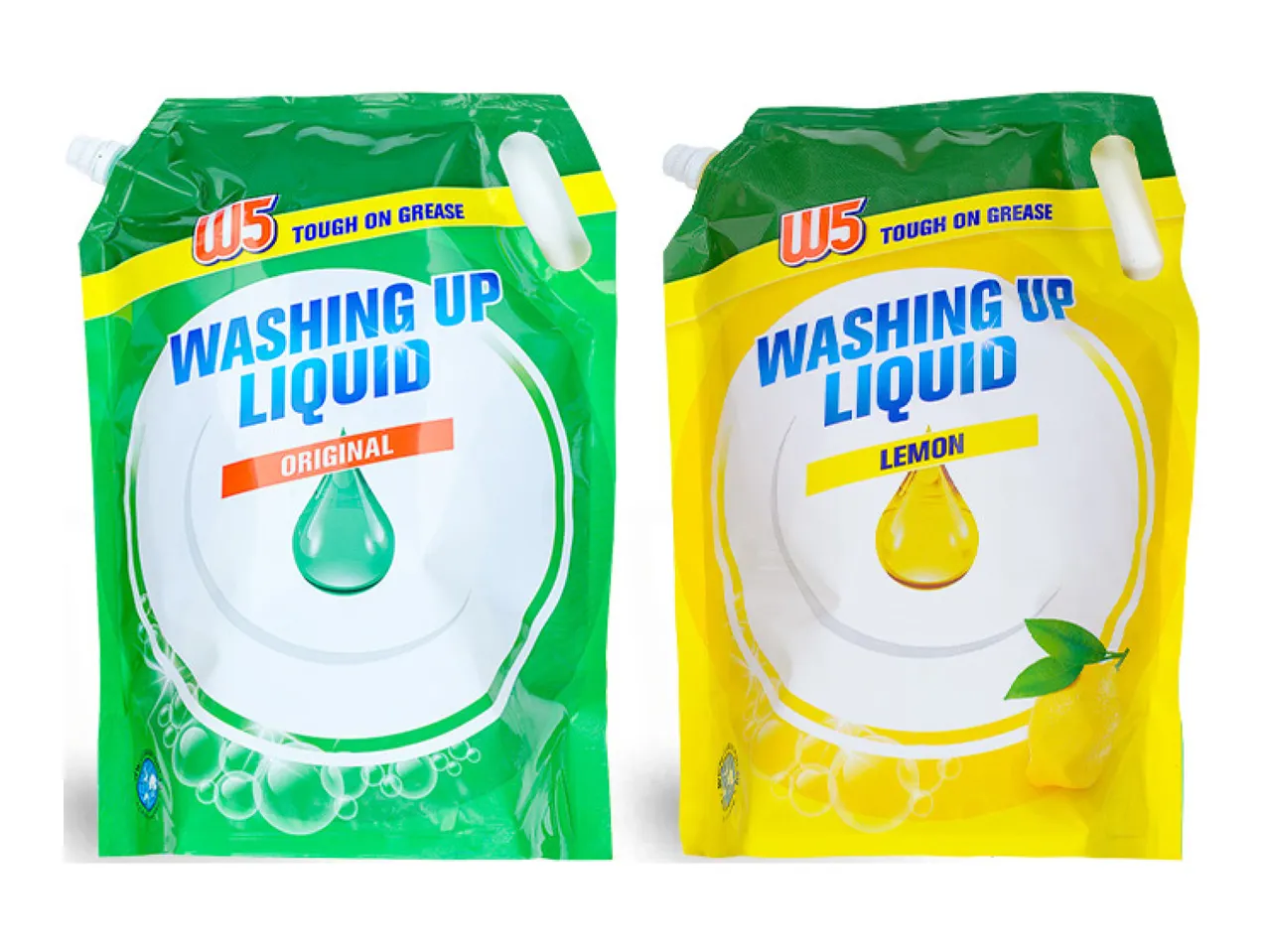Two pouches of W5 washing up liquid, one original and one lemon scented.