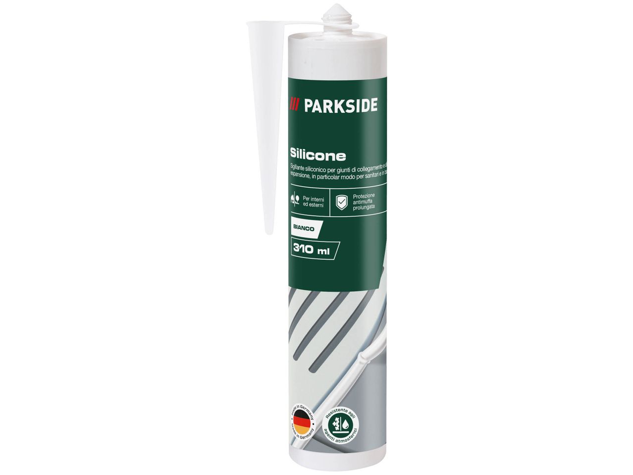 A tube of Parkside Silicone sealant in white, 310 ml, for indoor and outdoor use, with anti-mold protection.