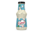 Fles knoflooksaus met een blauw etiket met knoflookteentjes en peterselie, en voedingsinformatie.