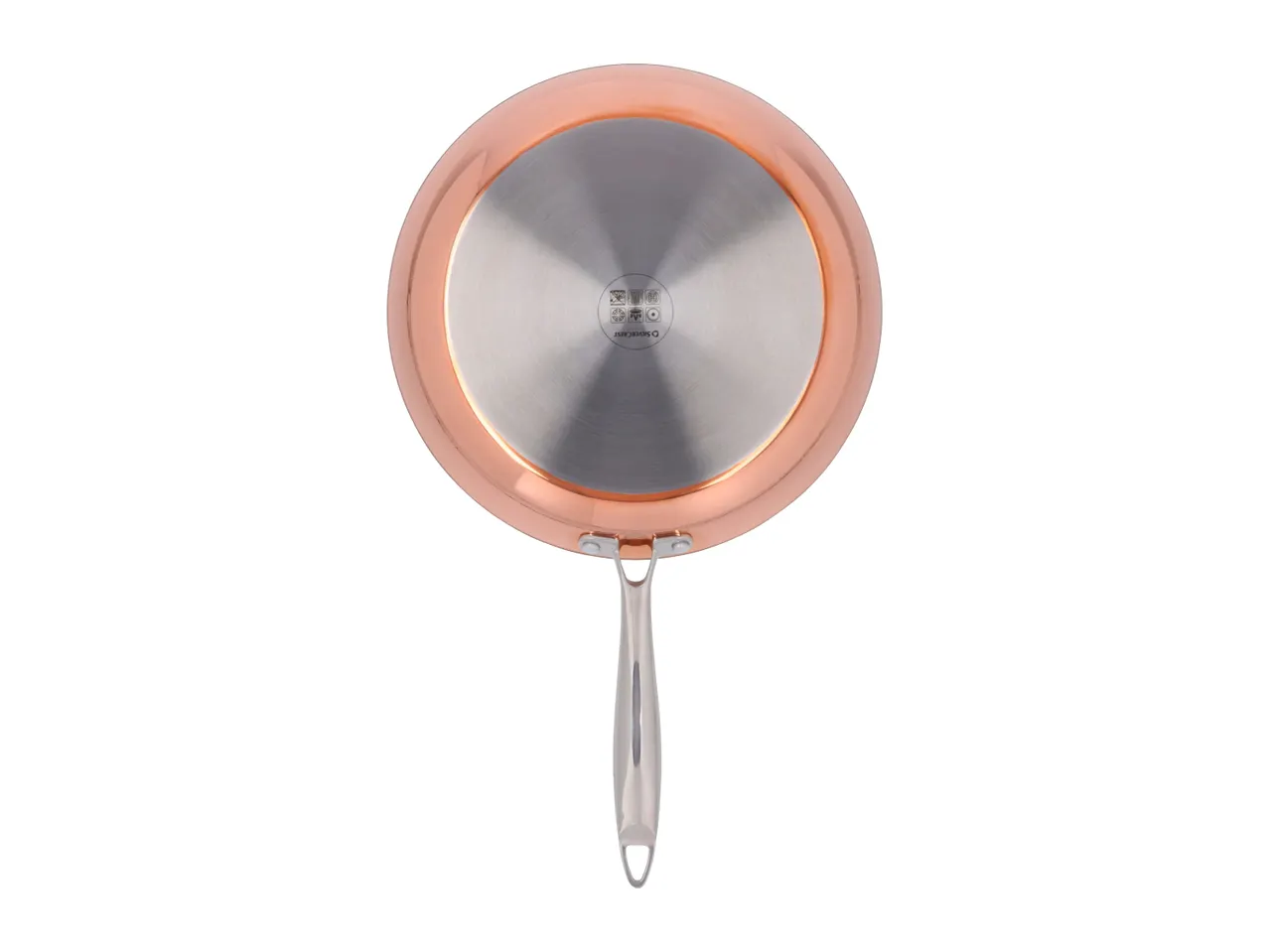 Bottom view of a copper-colored frying pan with a silver handle and cooking symbols.