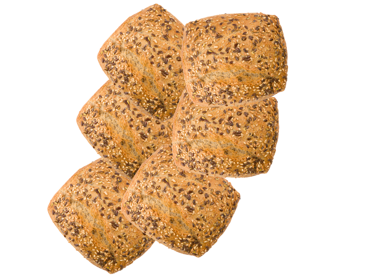 Flera små, frörika bröd ligger staplade.