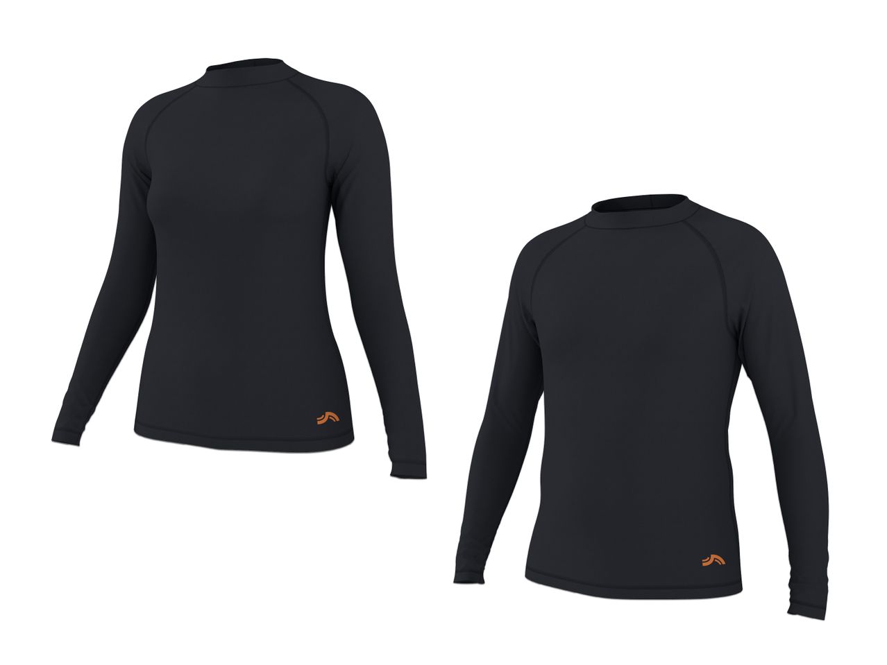 Zwei schwarze Langarmshirts, eines für Damen und eines für Herren, mit orangefarbenem Logo.