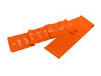Orange resistance band with white illustrations of various exercises.
