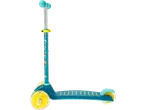 Blue and yellow children's scooter with cartoon character decals.