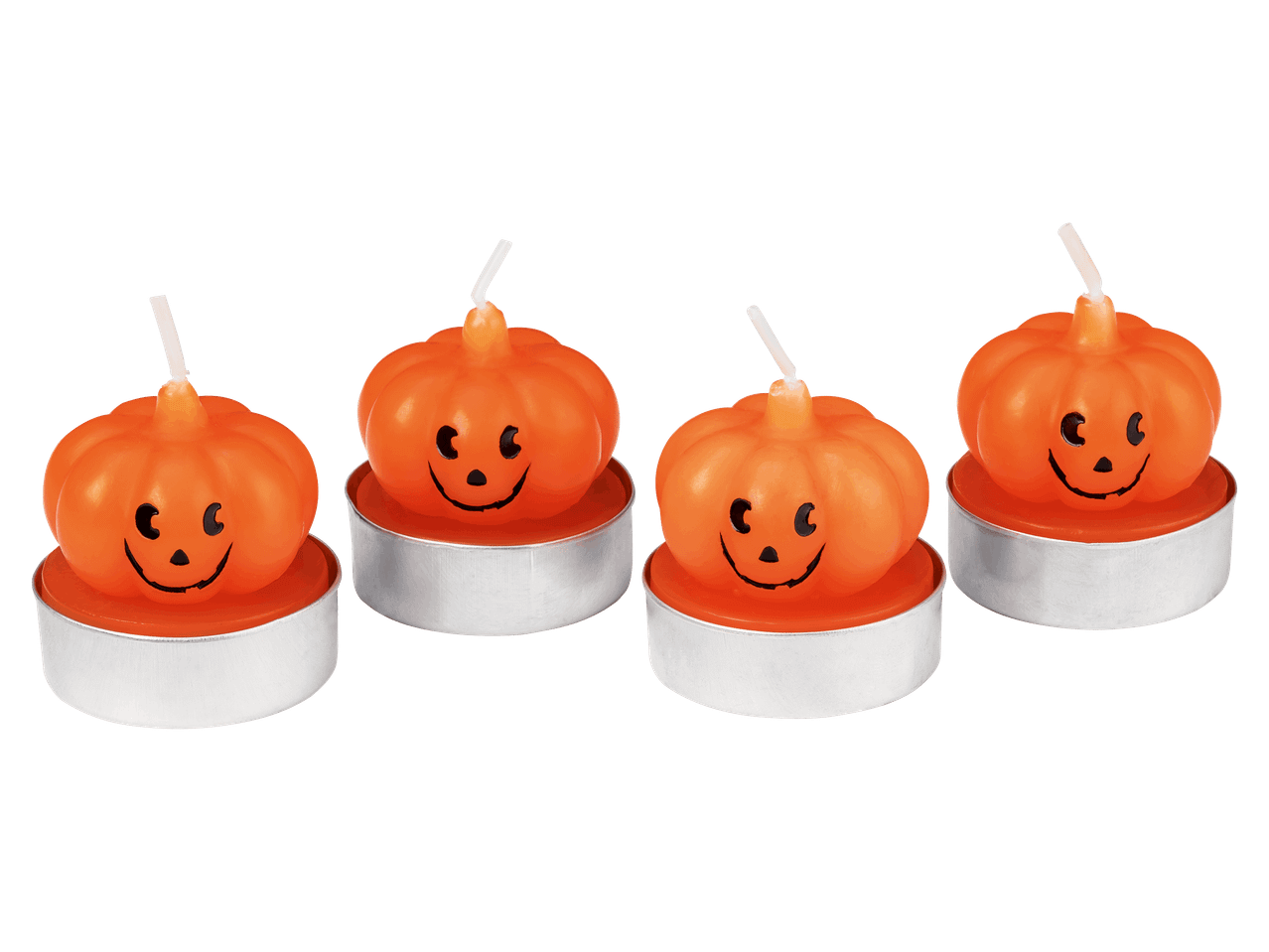 Négy darab narancssárga, tök alakú halloweeni mécses.