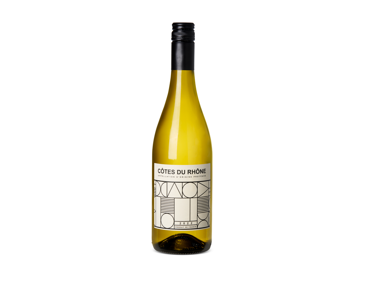 Fles Côtes du Rhône witte wijn met geometrisch etiket.