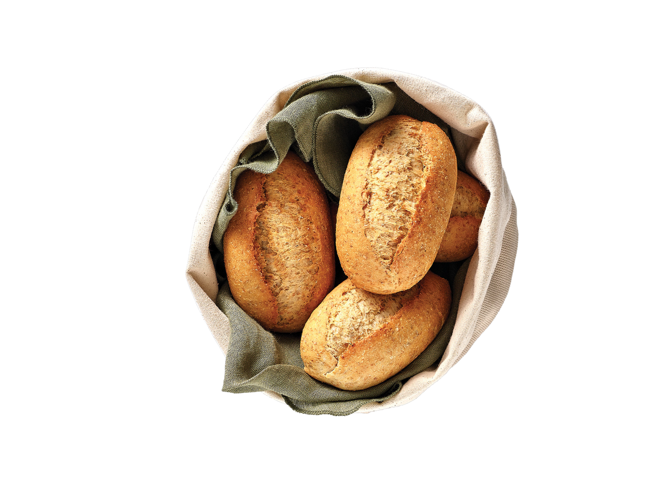 Četiri peciva od cjelovitog zrna u platnenoj vrećici na crnoj pozadini.