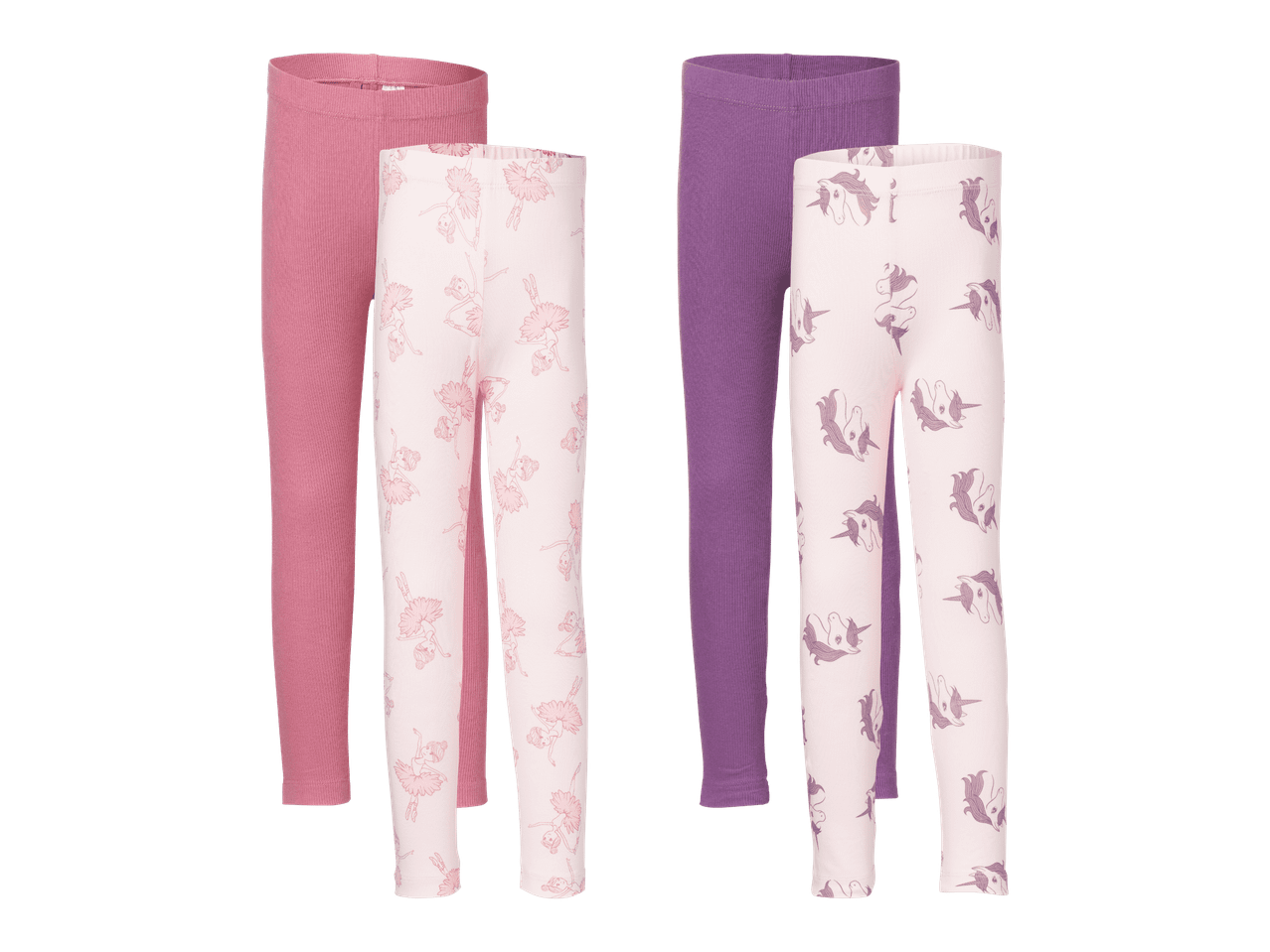 Lasten leggingsit, 2 paria, joissa ballerina- ja yksisarviskuvioita.