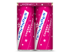 Vierpak roze blikjes sprankelende limonade met kersensmaak.