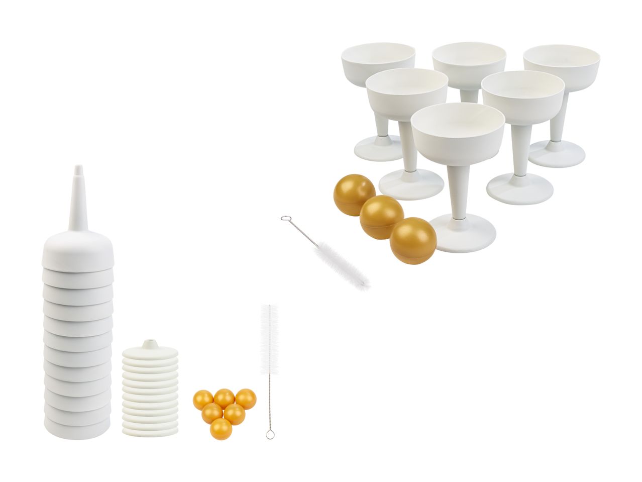Gesellschaftsspiel-Set mit Bechern und goldenen Kugeln.