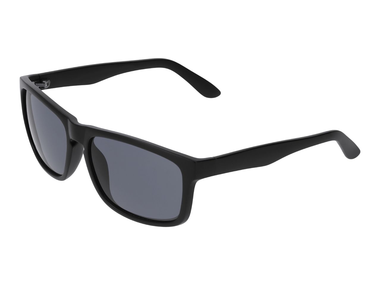 Black sunglasses with dark lenses, angled view.