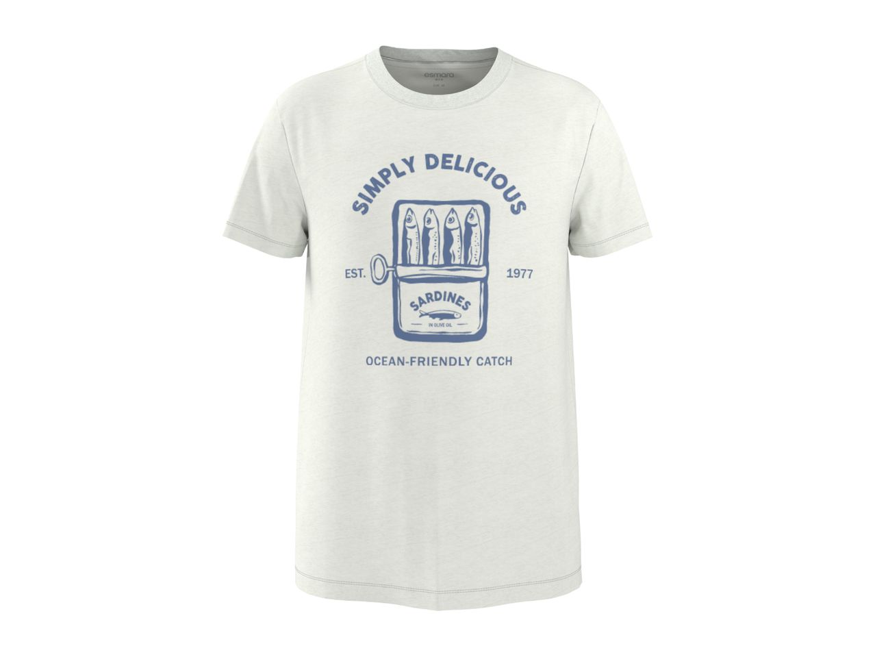 White men's t-shirt with a blue sardine can graphic and text: 'Simply Delicious, Ocean-Friendly Catch'