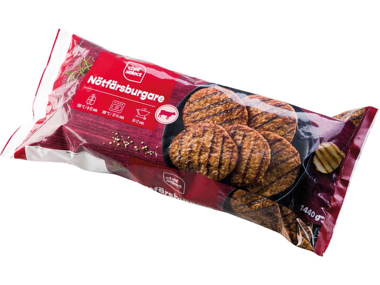 Förpackning med nötfärsburgare, med tillagningsinstruktioner och viktangivelse.