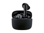 Black wireless earbuds in an open charging case, with one earbud partially removed.