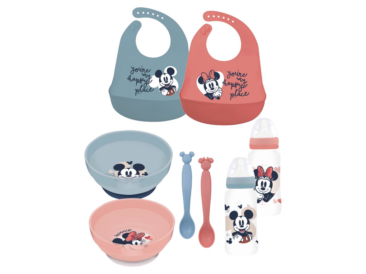 Set za hranjenje beba s temom Mickey i Minnie Mouse, uključujući podbradnjake, zdjelice, žlice i bočice.