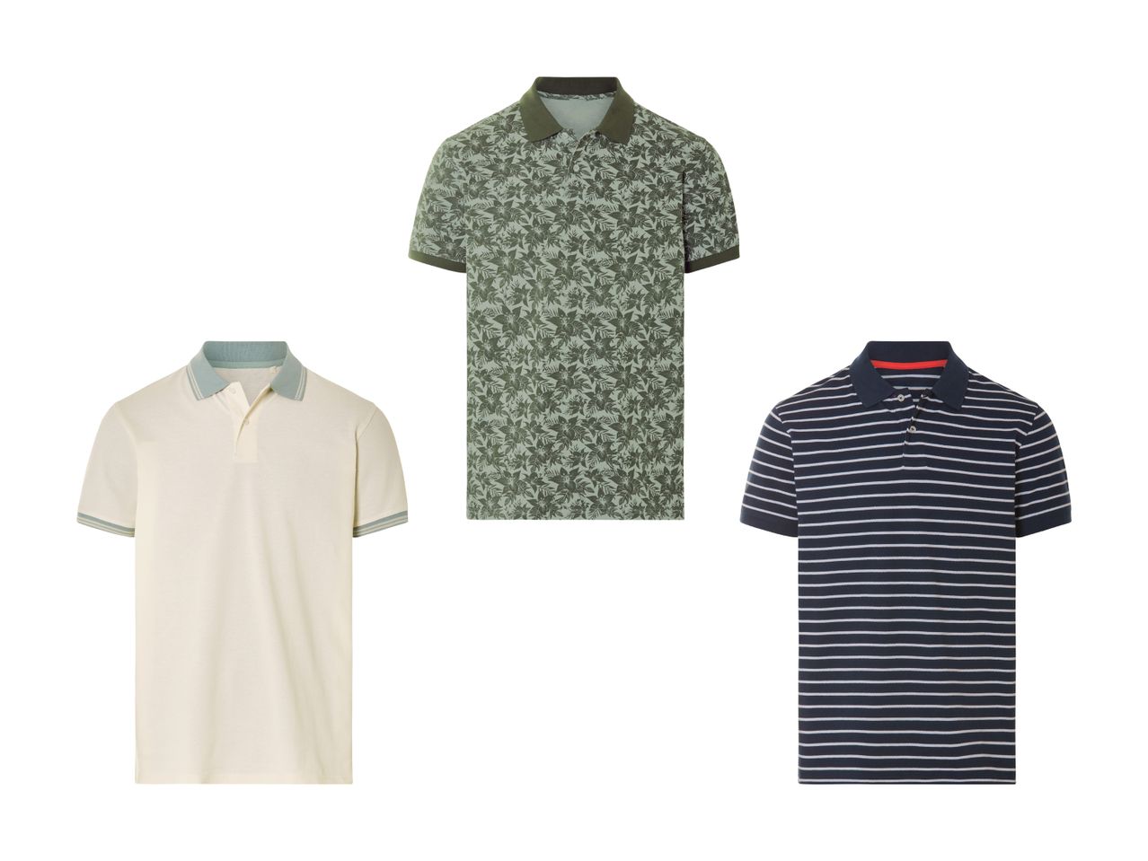 Drei Herren Poloshirts: ein hellbeiges, ein grün gemustertes und ein dunkelblaues.