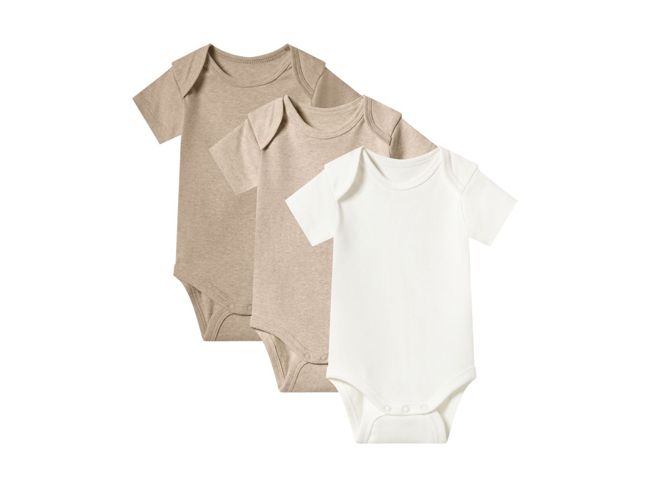 Three baby bodysuits in beige and white, arranged diagonally.