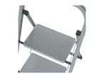 Close-up of a two-step ladder with gray steps and black accents.