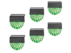 Six Livarno LED solar lights with green illumination and solar panels on a black background.