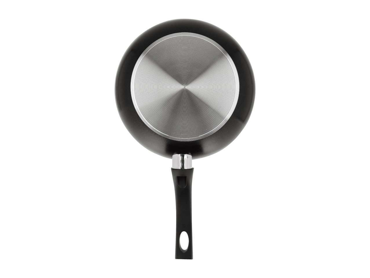 Bottom view of a black frying pan with a silver-colored base and a black handle.