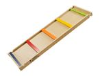 Wooden balance board with colorful rungs, featuring safety certifications and production details.