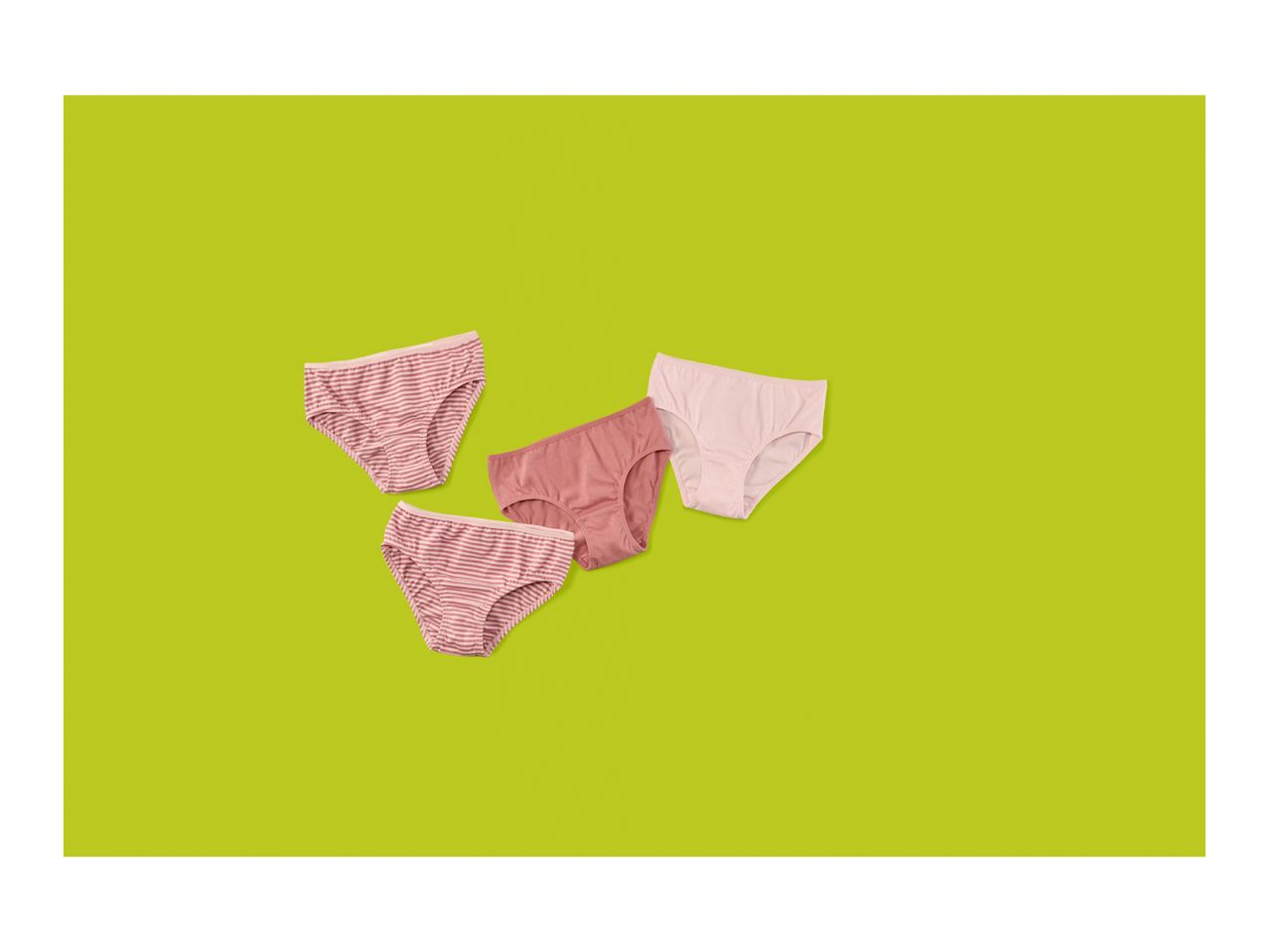 Three pairs of women's briefs in pink and striped patterns on a green background.