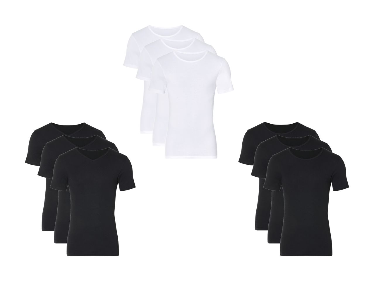 Trois t-shirts blancs à col rond et trois t-shirts noirs à col en V.