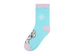 A Frozen-themed light blue children's sock with a snowflake and Elsa's face.