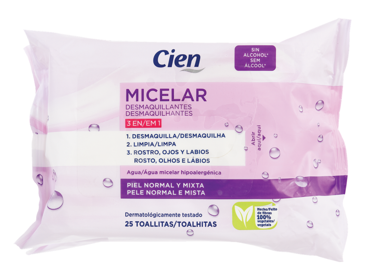Lenços de limpeza Cien Micelar para pele normal e mista.